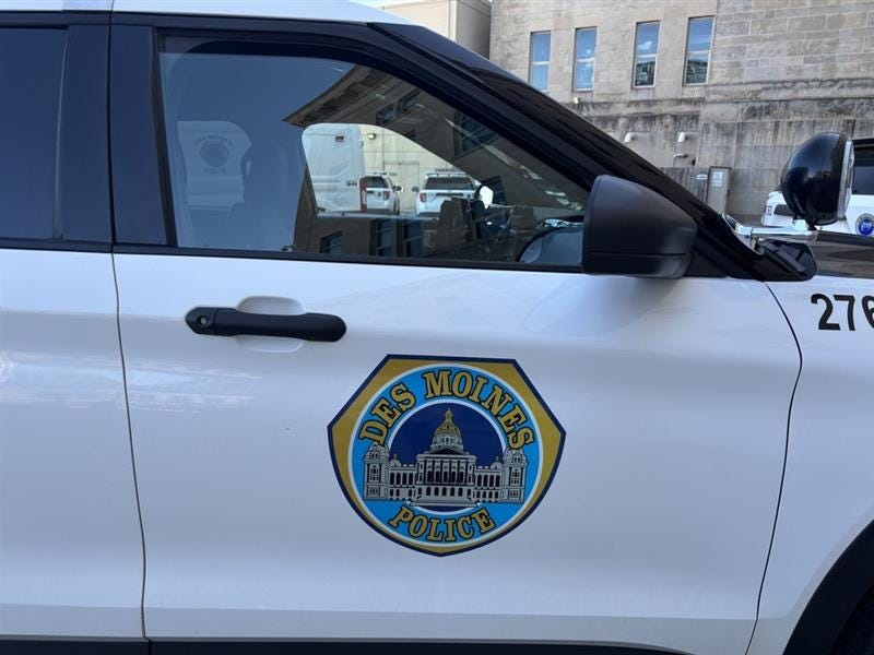 A Des Moines Police cruiser sits at the Des Moines Police Department in Des Moines on April 16, 2026.
