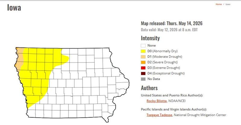 The U.S. Drought Monitor map of Iowa as of May 14, 2026.