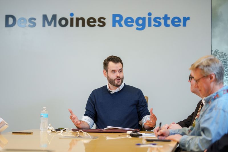 State Sen. Zach Wahls, a Democratic candidate for U.S. Senate, meets with Des Moines Register journalists Friday, May 15, 2026, at the Register's Des Moines offices.