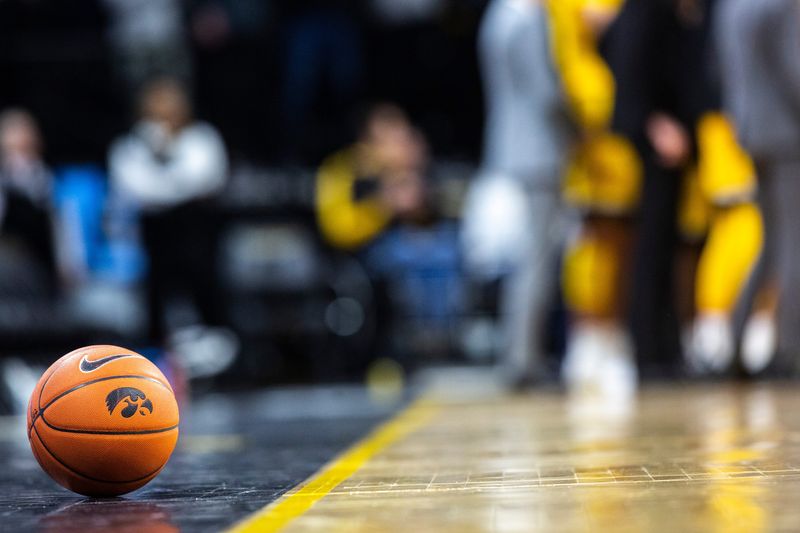 An Iowa basketball with a Tigerhawk logo rests along the baseline during a NCAA non-conference men's basketball game, Monday, Nov., 11, 2019, at Carver-Hawkeye Arena in Iowa City, Iowa.

191111 Depaul Iowa Mbb 029 Jpg