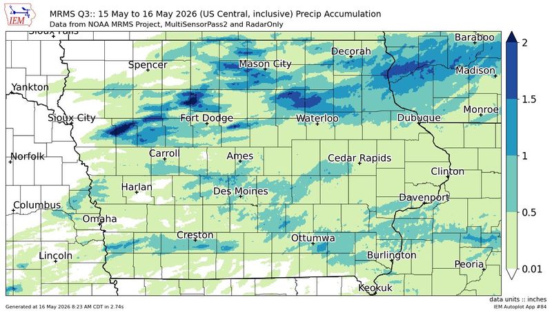 A map shows the areas with the highest rainfall totals as of May 16, 2026.