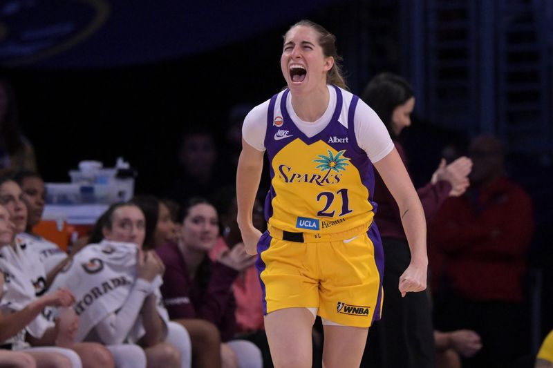 May 17, 2026; Los Angeles, California, USA; Los Angeles Sparks guard Kate Martin (21) reacts after a three-point basket during the first half against the Toronto Tempo at Crypto.com Arena. Mandatory Credit: Jayne Kamin-Oncea-Imagn Images