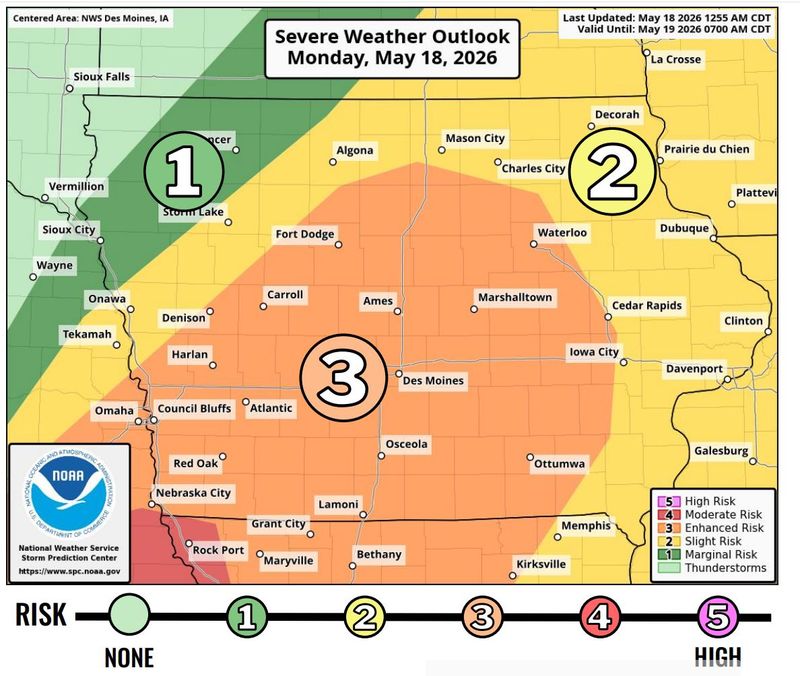 The severe weather outlook for Iowa on Monday, May 18, 2026.