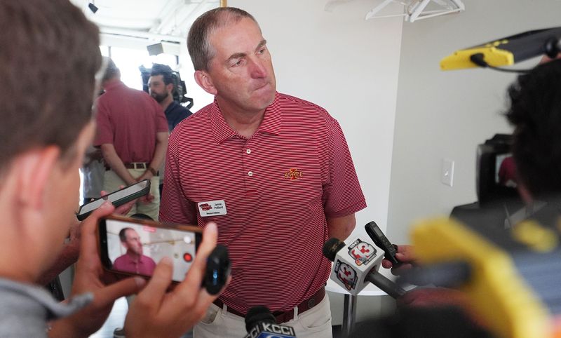 Iowa State athletic director Jamie Pollard talks to media during Cyclone Tailgate Tour at Curate on may 18, 2026, in Des Moines, Iowa.
