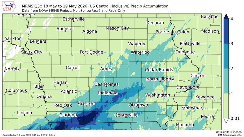 Rainfall totals in Iowa over a 24-hour period ending at 8 a.m. Tuesday, May 19, 2026.