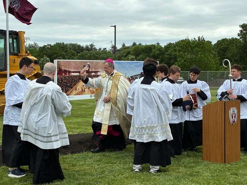 The Diocese of Des Moines' Bishop William Joensen blesses the groundbreaking of Dowling Catholic High School's expansion Tuesday, May 19, 2026 in West Des Moines.