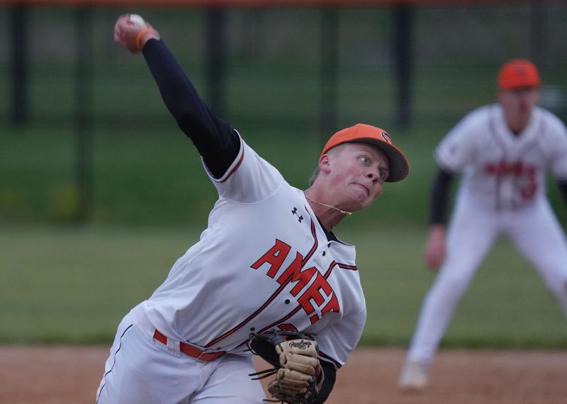 Ames' relief pitcher Jackson Kepley (28) pitches the ball against Waukee during the seventh inning in the first game of a double header at Ames Baseball Field on May 19, 2026, in Ames, Iowa.