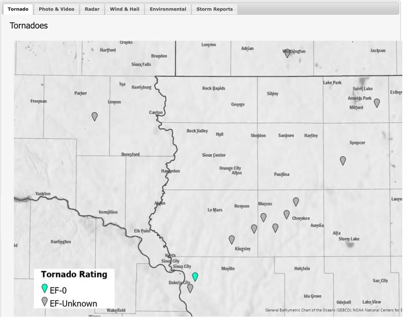 A map from the National Weather Service Office in Sioux Falls of the brief tornadoes reported across northwest Iowa on May 17, 2026.