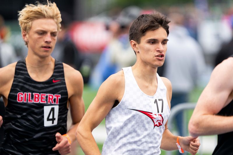 Western Dubuque’s Quentin Nauman runs in the 3A boys 3200m at the Iowa high school state track meet on May 21, 2026, at Drake Stadium.