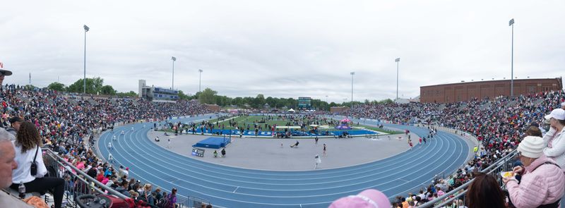 A panoramic view of Drake Stadium as runners compete on Friday of the 2026 Iowa high school state track meet on May 22 2026.