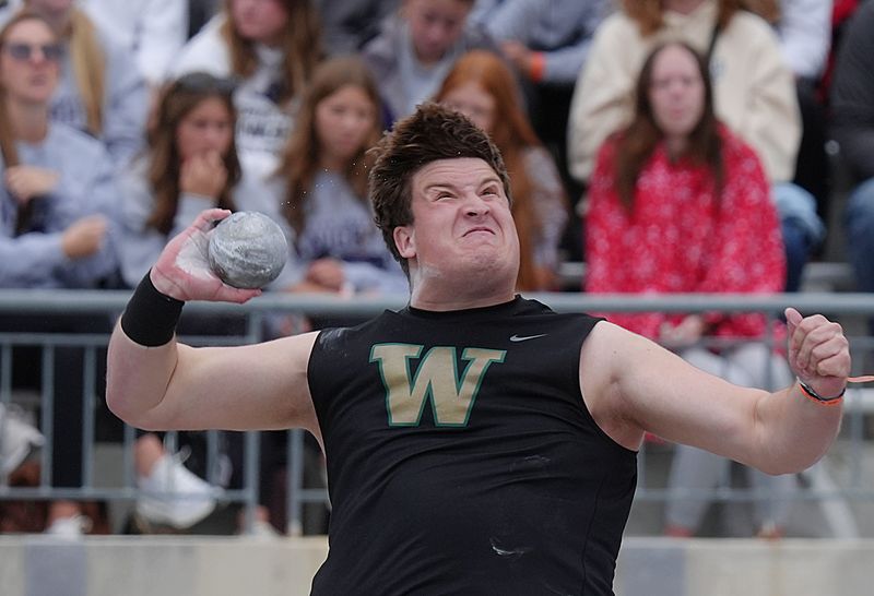 Iowa City West’s James Barnett throws shot put during 4A boys shot put in the Day-two of the Iowa state high school co-ed track and field at Drake Stadium on May 22, 2026, in Des Moines, Iowa.