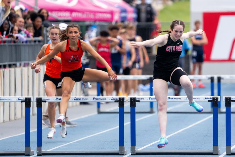Ames’ Angelica Attinger competes in the girls 4A 400m hurdles on May 22, 2026, at Drake Stadium.