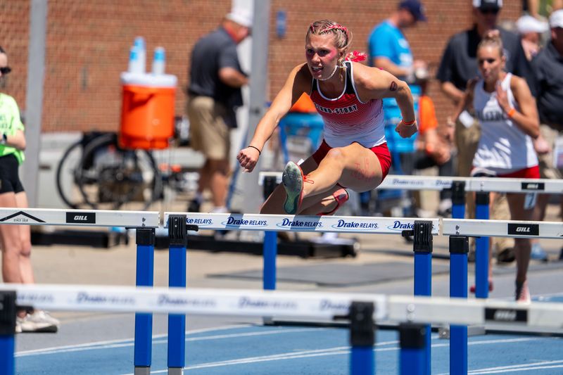 Roland Story’s Selah Helgeson runs in the girls 2A shuttle hurdles on May 23, 2026, at Drake Stadium. on May 23, 2026, at Drake Stadium.