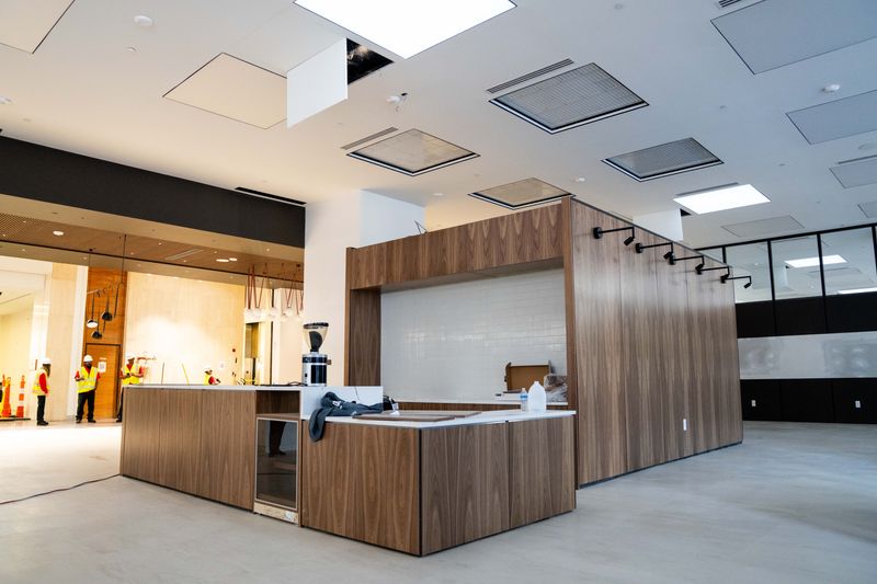 The coffee shop and lobby area of Mezzo, the Financial Center’s new apartments, is seen on May 26, 2026, in downtown Des Moines.