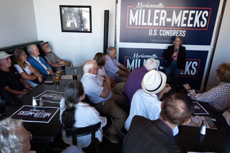 Rep. Mariannette Miller-Meeks speaks to constituents during a stop on her “Triple-M Tour” May 27, 2026 at the Copper Boar in North Liberty, Iowa.