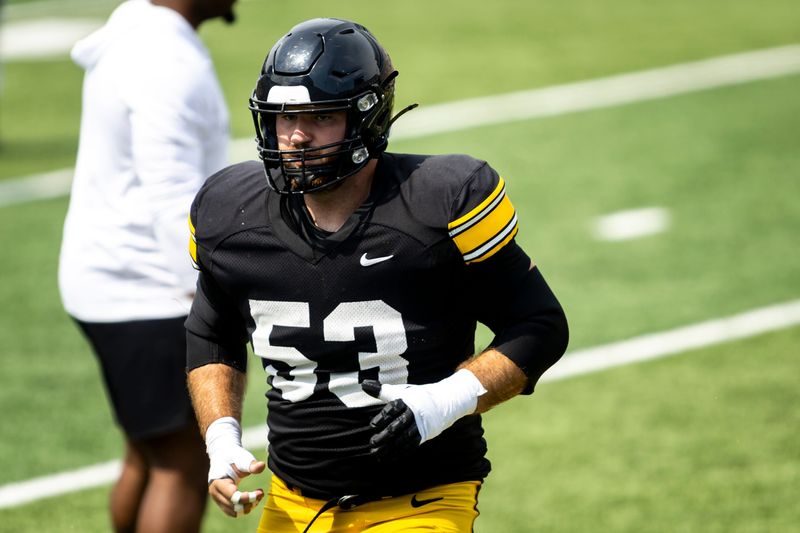 Aug 9, 2025; Iowa offensive lineman Michael Myslinski (53) warms up during the Hawkeyes Kids Day NCAA football open practice at Kinnick Stadium in Iowa City, Iowa. Mandatory Credit: Joseph Cress for the Des Moines Register