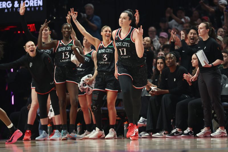 May 30, 2026; Portland, Oregon, USA; Portland Fire center Megan Gustafson (17) reacts after scoring against the Indiana Fever during the first half at Moda Center. Mandatory Credit: Jaime Valdez-Imagn Images