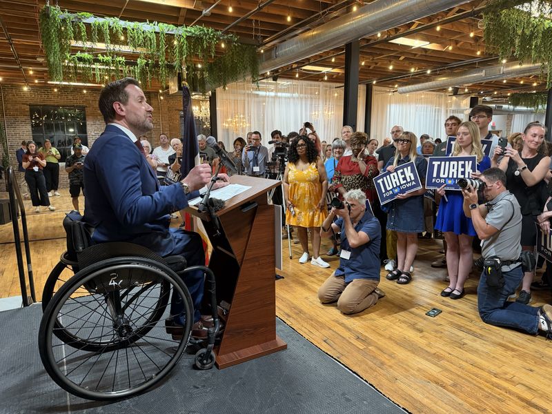 Iowa state Rep. Josh Turek speaks after he won the Democratic Party nomination for the U.S. Senate on June 2, 2026. Turek spoke to Democratic Party faithful at The Loft in Des Moines.