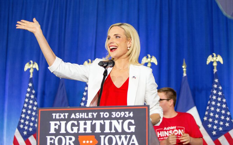 Iowa Republican U.S. Senate candidate and Congresswoman Ashley Hinson reacts to the crowd after winning the Iowa Senate nomination at her watch party at The Hotel at Kirkwood Center in Cedar Rapids, Iowa on Tuesday, June 2, 2026. Hinson will run against Democratic nominee Josh Turek in November for the US Senate seat.