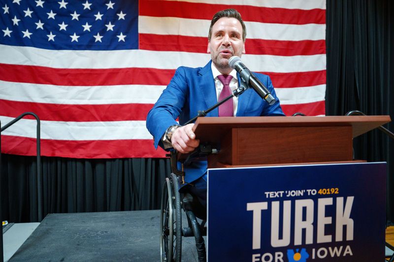 Iowa state Rep. Josh Turek speaks during a primary election night watch party after winning the Democratic nomination for U.S. Senate, Tuesday, June 2, 2026, in Des Moines.