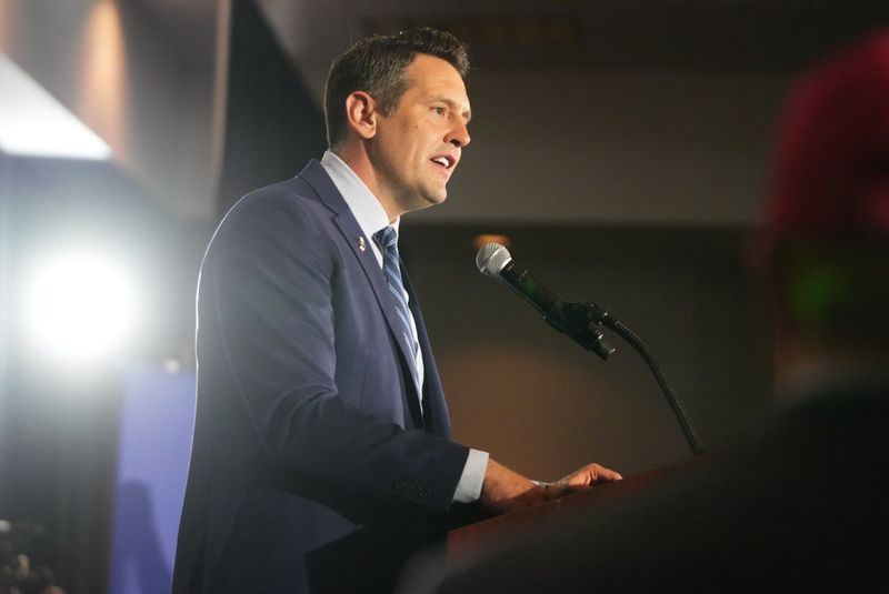 Republican gubernatorial candidate Zach Lahn speaks to supporters during his election watch party on June 2, 2026, at the Sheraton Hotel in West Des Moines.