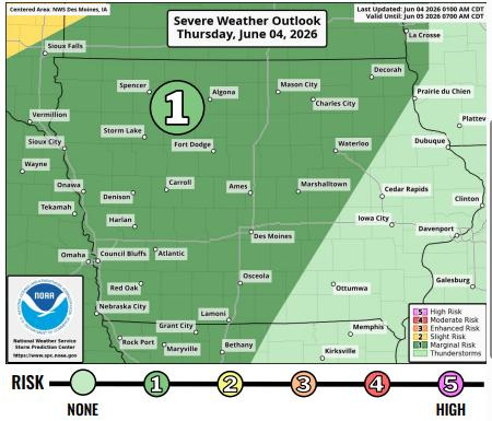 The severe weather outlook for Iowa on Thursday, June 4, 2026.