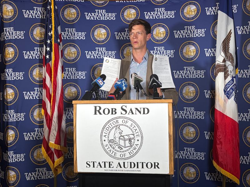 Iowa Auditor of State Rob Sand speaks June 4, 2026, at his State Capitol office about "extraordinary" Madison County audits he called “much bigger” than normal.