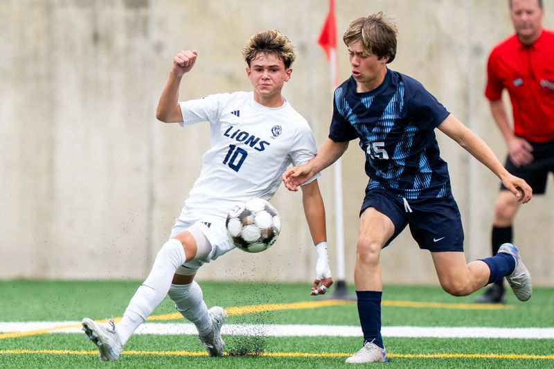 Des Moines Christian's Sebastian Garcia (10) takes a shot on goal against Unity Christian in the 2A state semifinal on June 5, 2026, at Mediacom Stadium in Des Moines.