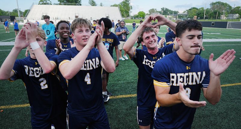 Regina Catholic boys soccer team celebrates after winning 3-2 over St. Albert in the 1A boys state championship at Mediacom Stadium on June 5, 2026, in Des Moines, Iowa.