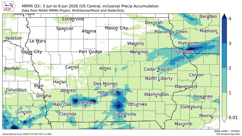 Spots of Iowa saw heavy late-night rain on Friday, June 5, through Saturday, June 6.