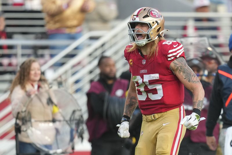 Dec 14, 2025; Santa Clara, California, USA; San Francisco 49ers tight end George Kittle (85) reacts during the third quarter against the Tennessee Titans at Levi's Stadium. Mandatory Credit: Cary Edmondson-Imagn Images
