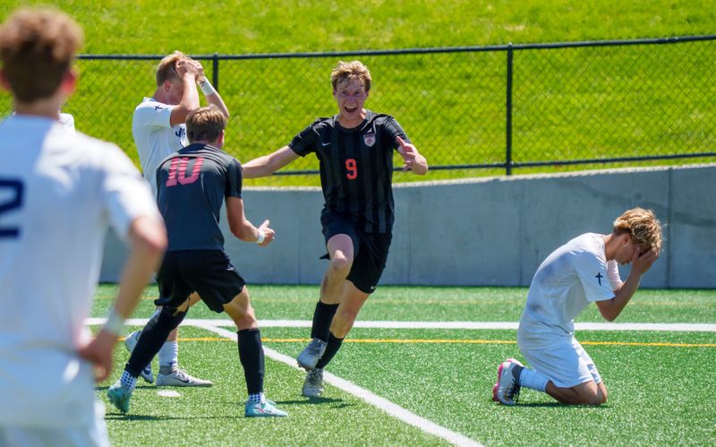 Gilbert Tigers Zachary Schrader (9) scored the game winning goal in the last minutes of the game as Des Moines Christian falls to Gilbert in the Class 2A Boys Soccer State Championship match at Mediacom Stadium Saturday, June 6, 2026, in Des Moines.