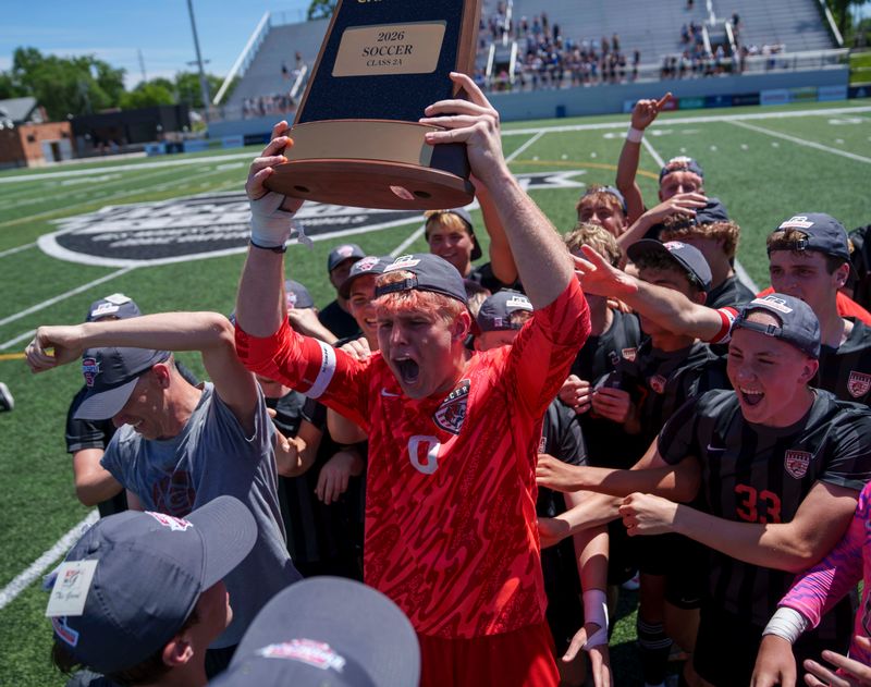 Gilbert Tigers Tyler Jerkins celebrates as Gilbert defeats Des Moines Christian 1-0 in the Class 2A Boys Soccer State Championship match at Mediacom Stadium Saturday, June 6, 2026, in Des Moines.