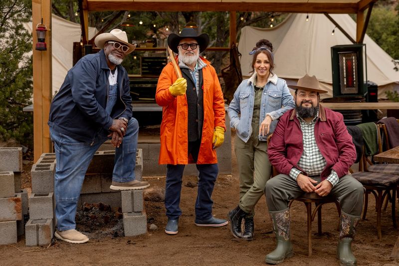 Host Andrew Zimmern, second from left, with judges Moe Cason, left, Ernest Servantes and Jess Pryles during the Big Burn: The Core Four Cook-Off challenge as seen on "Pitmasters," Season 1.