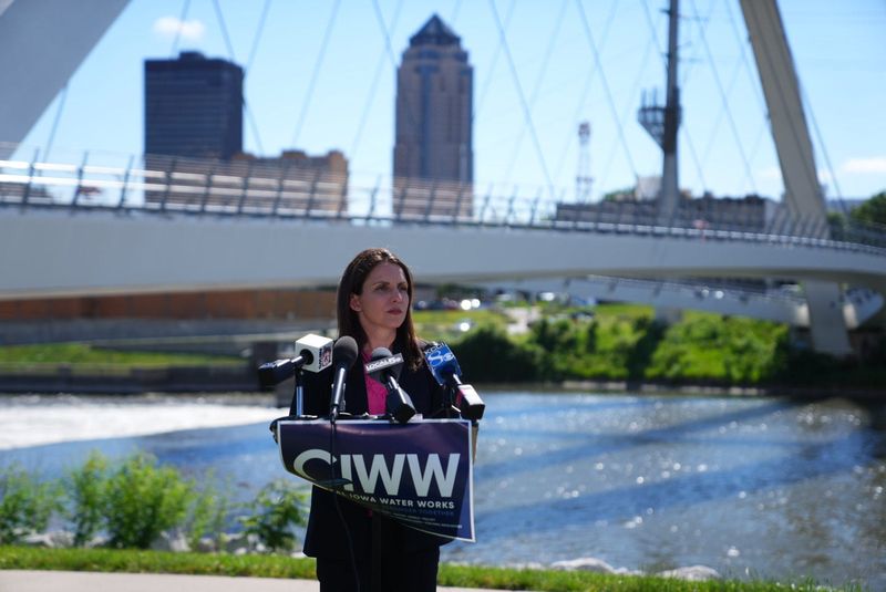 Tami Madsen, Central lowa Water Works' executive director, speaks during a news conference on June 8, 2026, in Des Moines.