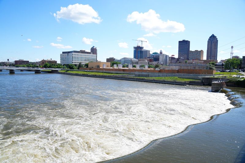 The Des Moines River flows through downtown as residents of the Des Moines metro are placed under a mandatory lawn watering ban for the second consecutive year on June 8, 2026.