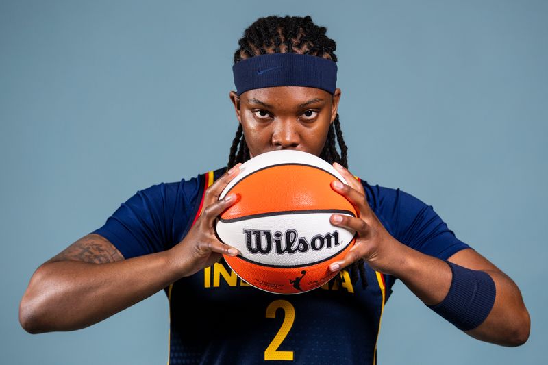 Indiana Fever forward Myisha Hines-Allen (2) poses for a photo Wednesday, April 22, 2026, during media day at Gainbridge Fieldhouse in Indianapolis.