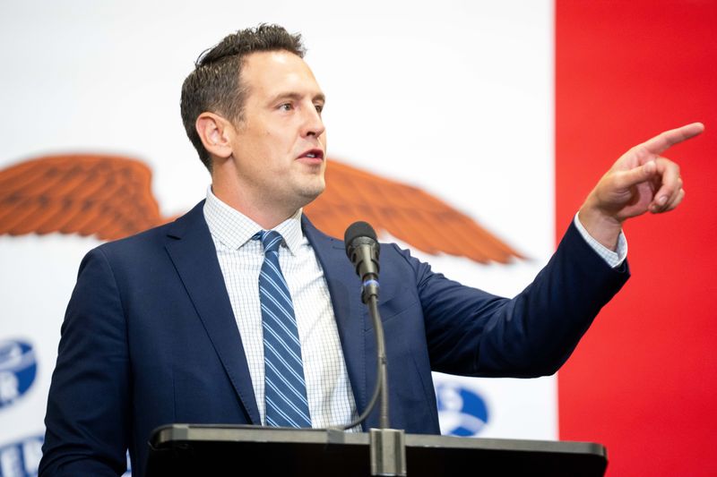Iowa Republican gubernatorial candidate Zach Lahn speaks to delegates at the Iowa GOP state convention on June 13, 2026, at the Horizon Events Center in Clive.