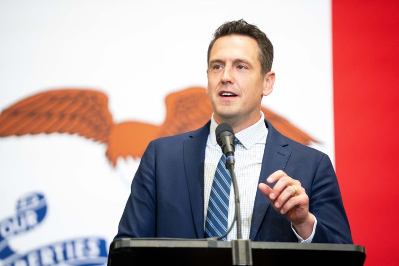 Iowa Republican gubernatorial candidate Zach Lahn speaks to delegates at the Iowa GOP state convention on June 13, 2026, at the Horizon Events Center in Clive.