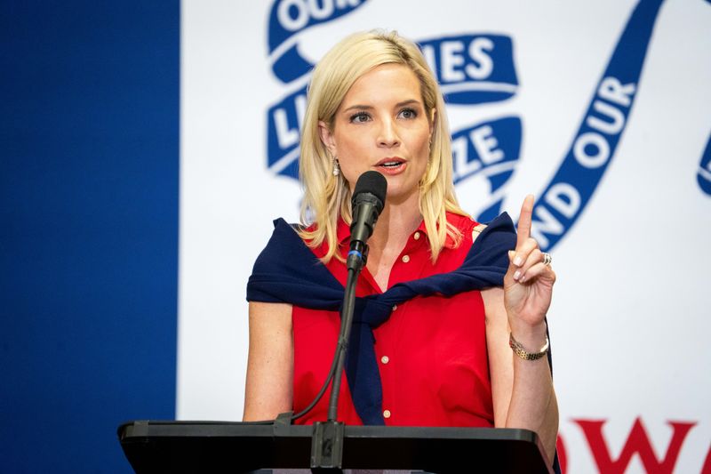 U.S. Senate candidate Ashley Hinson speaks to a crowd of Iowa Republicans during the Iowa GOP state convention on June 13, 2026, at the Horizon Events Center in Clive.