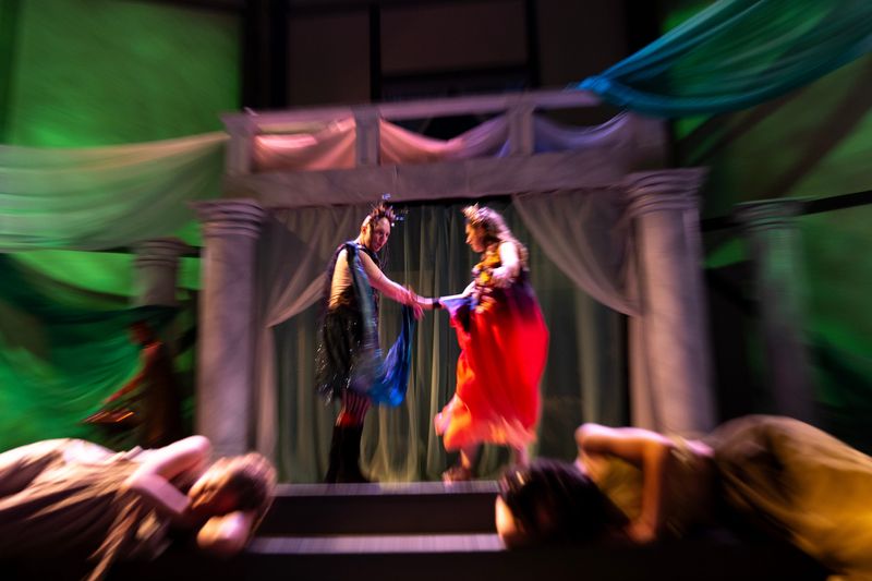 Actors rehearse for Riverside Theatre’s production of Shakespeare’s “A Midsummer Night’s Dream” June 11, 2026 in Iowa City, Iowa.