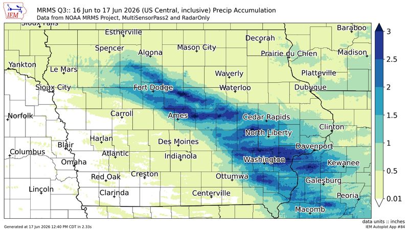 Rainfall totals in Iowa over a 24-hour peroid ending at 12:40 p.m. Wednesday, June 17, 2026.