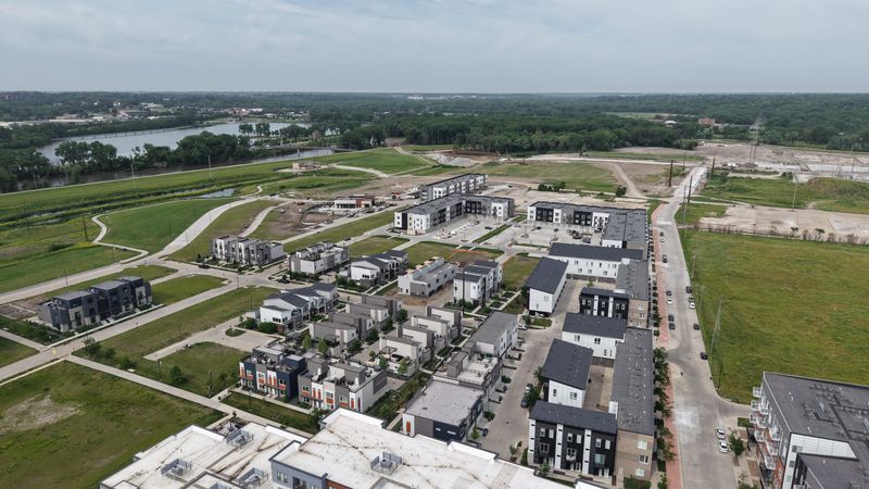 A drone image of Gray's Station, a 75-acre urban neighborhood in downtown Des Moines.