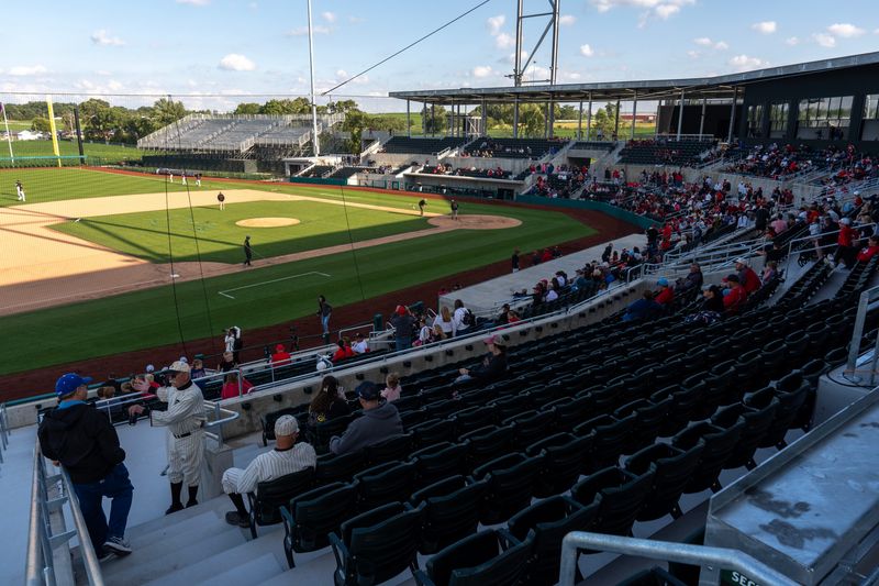 Fans gather for a JV/Varsity baseball doubleheader between Clinton and Western Dubuque June 17, 2026 at the Field of Dreams Ballpark in Dyersville, Iowa. These were the first two games played at the new park, which will host a Minnesota Twins vs. Philadelphia Phillies game on Aug. 13.