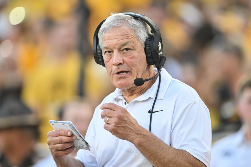 Sep 13, 2025; Iowa City, Iowa, USA; Iowa Hawkeyes head coach Kirk Ferentz looks on before the game against the Massachusetts Minutemen at Kinnick Stadium. Mandatory Credit: Jeffrey Becker-Imagn Images