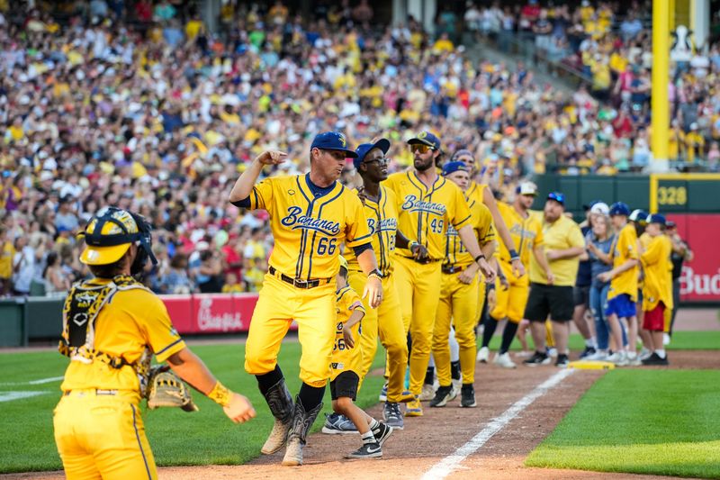The Savannah Bananas play their second of three games against the Indianapolis Clowns at Great American Ball Park on Saturday June 20, 2026. The Bananas won the game with a final score of 7-3 after a long night of dancing, flipping, behind-the-back catches, juggling and of course, baseball.