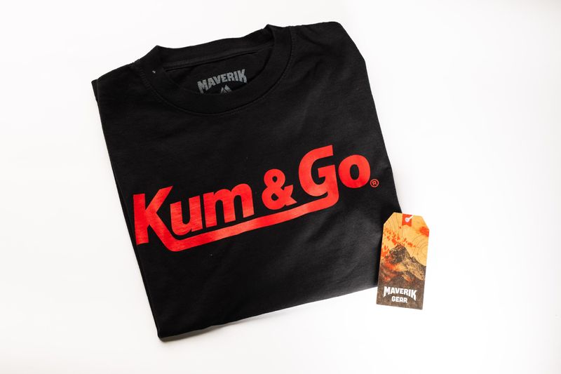 A T-shirt with the Kum & Go logo bears the label of Utah-based convenience store chain Maverik, which bought Kum & Go in 2023 and has since rebranded its stores.
