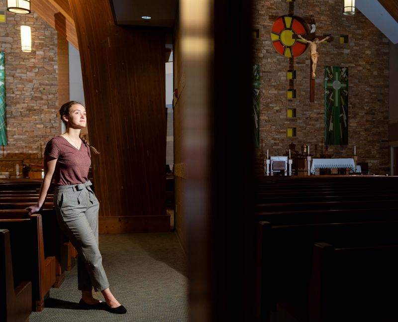 St. Thomas Aquinas music director Emma Lynch poses for a portrait on June 23, 2026, in Indianola, Iowa.