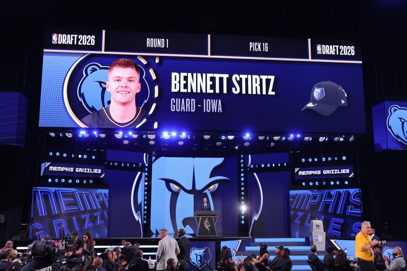 Jun 23, 2026; New York, NY, USA; NBA commissioner Adam Silver announces the sixteenth pick in the 2026 NBA draft, Iowa guard Bennett Stirtz after he was selected by the Memphis Grizzlies at Barclays Center. Mandatory Credit: Brad Penner-Imagn Images