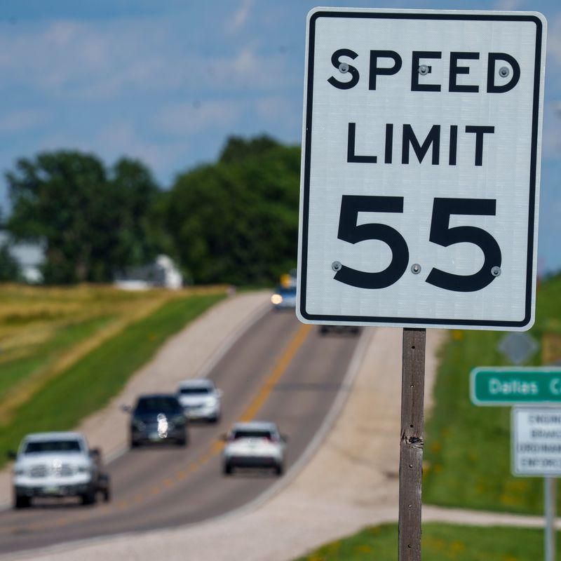 An intersection of IA-44 and US-169 Wednesday, June 24, 2026 in Dallas Center, IA. On July 1, Senate File 378 takes effect and raises the speed limit by 5 miles per hour on most two-lane highways and rural roads.